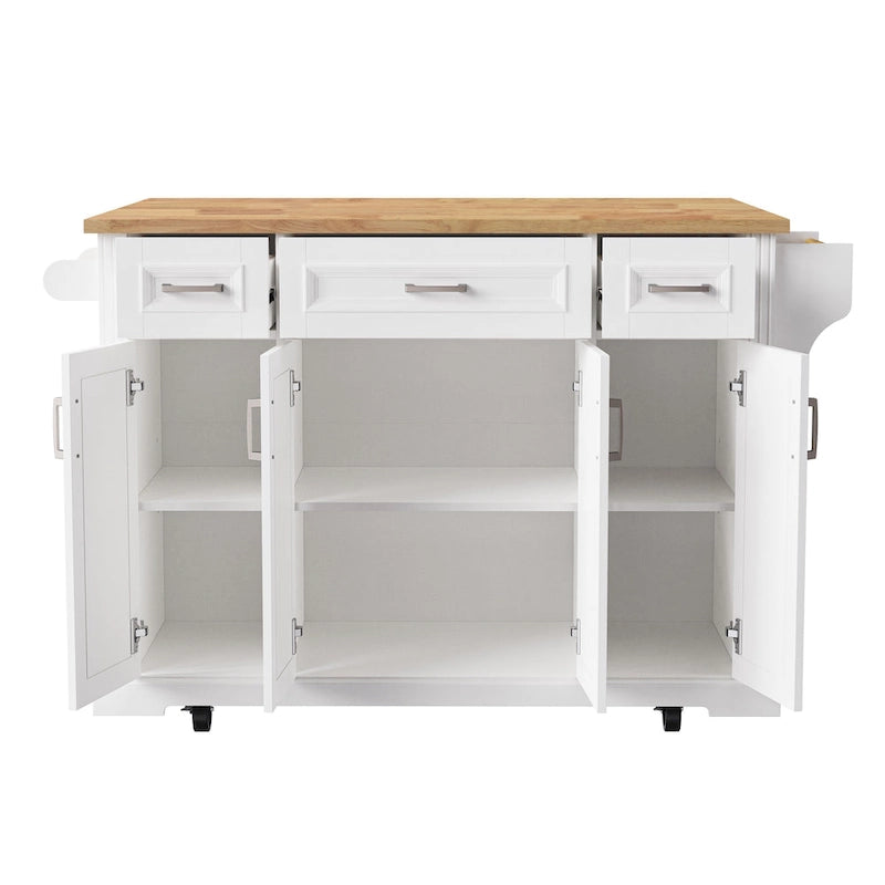 54inch Kitchen Island with Rubber Wood Drop Leaf, Embossed Texture Rolling Kitchen Cart on 4 Wheels with 4 Doors and 3 Drawers