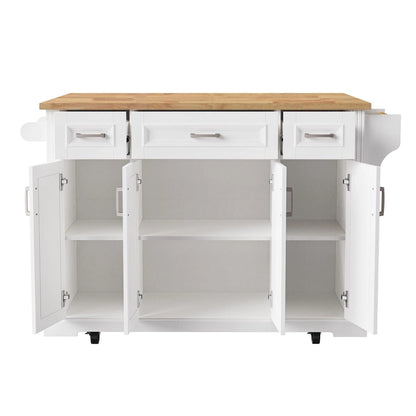 54inch Kitchen Island with Rubber Wood Drop Leaf, Embossed Texture Rolling Kitchen Cart on 4 Wheels with 4 Doors and 3 Drawers