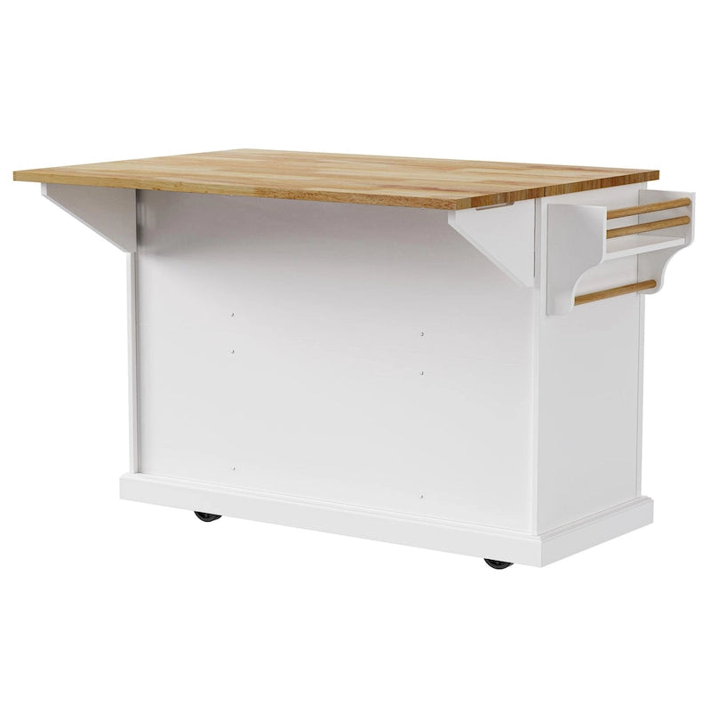 54inch Kitchen Island with Rubber Wood Drop Leaf, Embossed Texture Rolling Kitchen Cart on 4 Wheels with 4 Doors and 3 Drawers