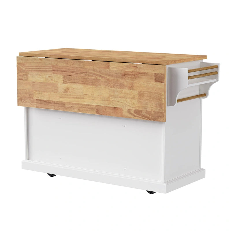 54inch Kitchen Island with Rubber Wood Drop Leaf, Embossed Texture Rolling Kitchen Cart on 4 Wheels with 4 Doors and 3 Drawers