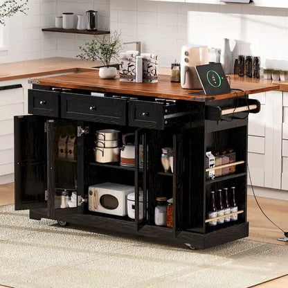 53 Farmhouse Kitchen Island With Two Tempered Glass Cabinet Doors(no include stool)