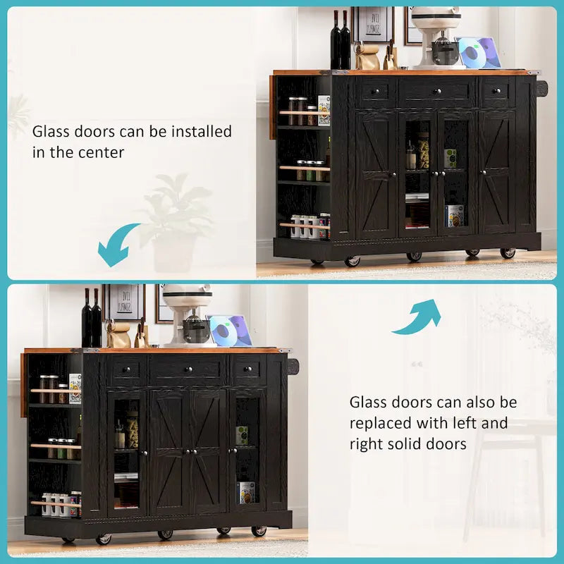 53 Farmhouse Kitchen Island With Two Tempered Glass Cabinet Doors(no include stool)