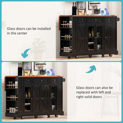 53 Farmhouse Kitchen Island With Two Tempered Glass Cabinet Doors(no include stool)