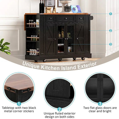 53 Farmhouse Kitchen Island With Two Tempered Glass Cabinet Doors(no include stool)