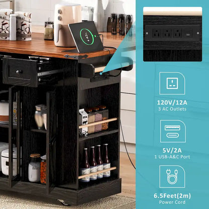 53 Farmhouse Kitchen Island With Two Tempered Glass Cabinet Doors(no include stool)