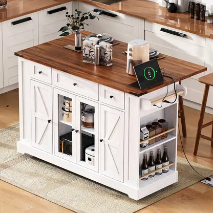 53 Farmhouse Kitchen Island With Two Tempered Glass Cabinet Doors(no include stool)