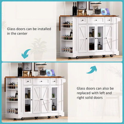 53 Farmhouse Kitchen Island With Two Tempered Glass Cabinet Doors(no include stool)