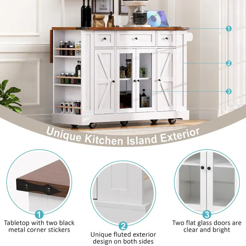 53 Farmhouse Kitchen Island With Two Tempered Glass Cabinet Doors(no include stool)