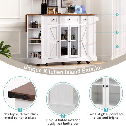 53 Farmhouse Kitchen Island With Two Tempered Glass Cabinet Doors(no include stool)