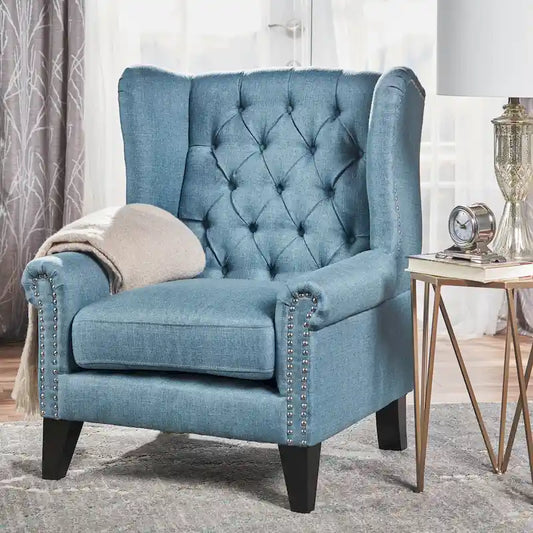 Blue Modern 30 High Back Upholstered Button Tufted Accent Chair with Nailheads for Living Room