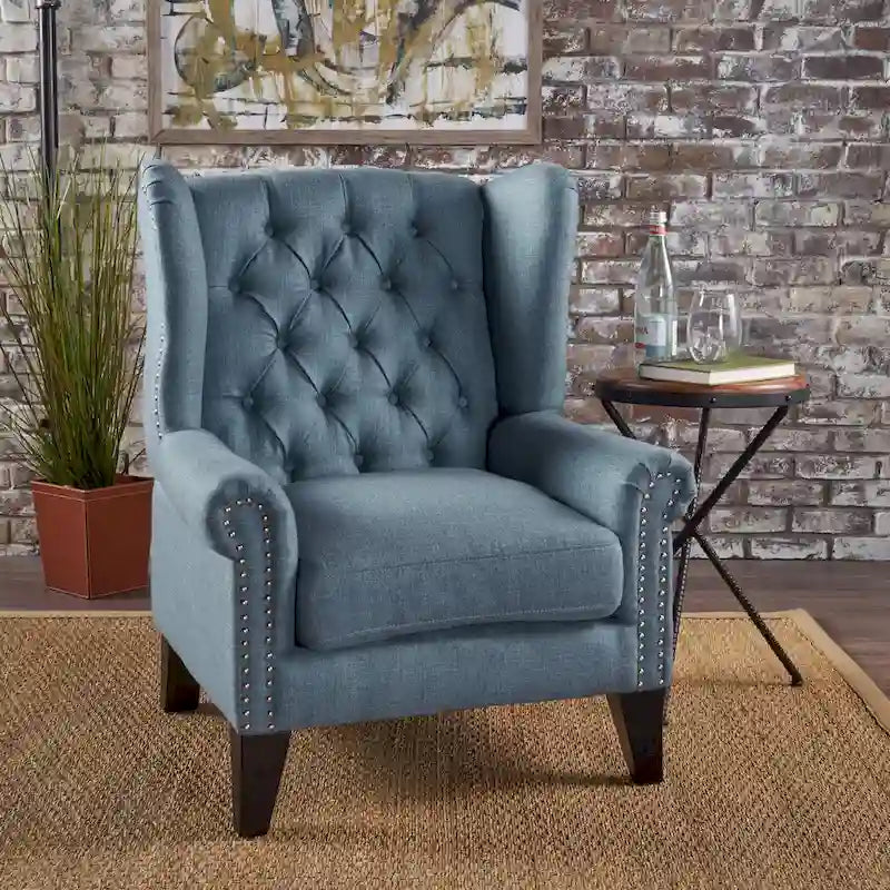 Blue Modern 30 High Back Upholstered Button Tufted Accent Chair with Nailheads for Living Room
