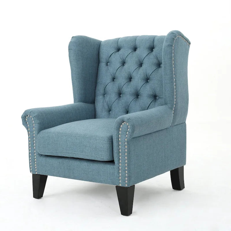 Blue Modern 30 High Back Upholstered Button Tufted Accent Chair with Nailheads for Living Room