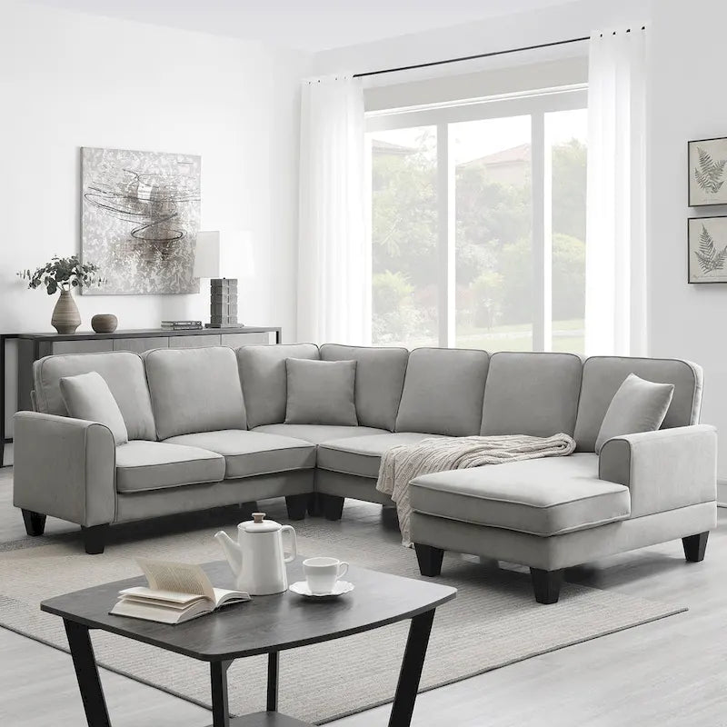 Grey 108 Spacious U-Shaped 7-Seater Sofa Set with 3 Pillows and Chaise, Ideal for Living Room or Apartment