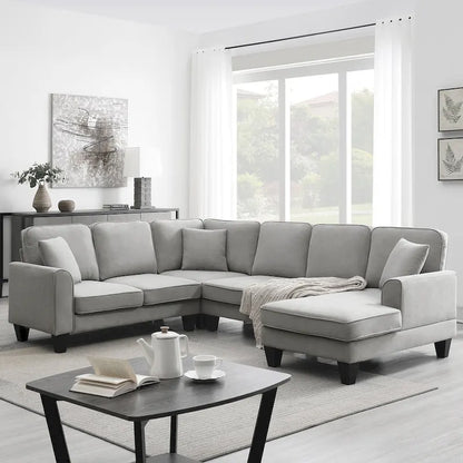 Grey 108 Spacious U-Shaped 7-Seater Sofa Set with 3 Pillows and Chaise, Ideal for Living Room or Apartment