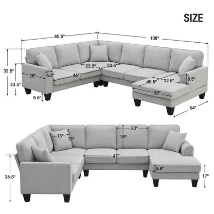 Grey 108 Spacious U-Shaped 7-Seater Sofa Set with 3 Pillows and Chaise, Ideal for Living Room or Apartment