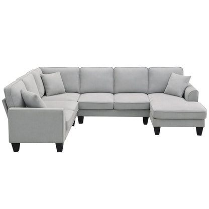 Grey 108 Spacious U-Shaped 7-Seater Sofa Set with 3 Pillows and Chaise, Ideal for Living Room or Apartment