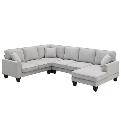 Grey 108 Spacious U-Shaped 7-Seater Sofa Set with 3 Pillows and Chaise, Ideal for Living Room or Apartment