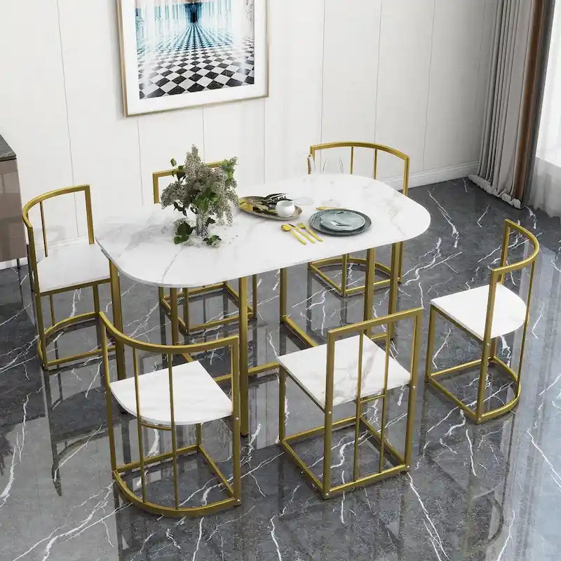 Modern 7-Piece Metal Frame Dining Table Set with Half-Round Table & 6 Chairs
