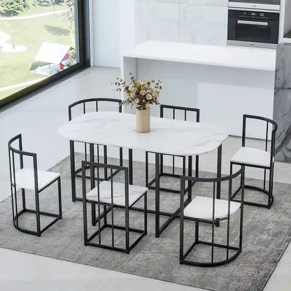 Modern 7-Piece Metal Frame Dining Table Set with Half-Round Table & 6 Chairs