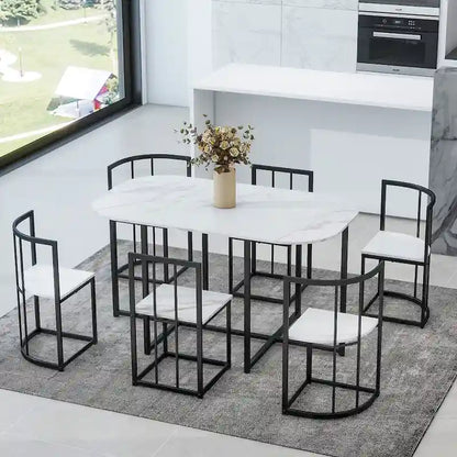 Modern 7-Piece Metal Frame Dining Table Set with Half-Round Table & 6 Chairs