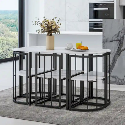 Modern 7-Piece Metal Frame Dining Table Set with Half-Round Table & 6 Chairs