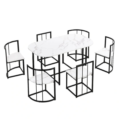 Modern 7-Piece Metal Frame Dining Table Set with Half-Round Table & 6 Chairs