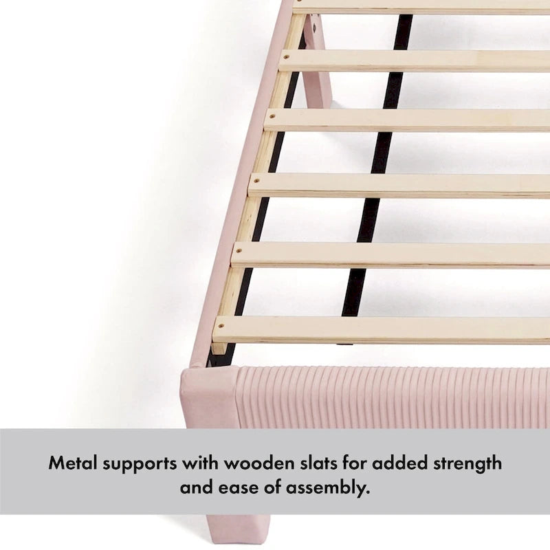 Furniture of America Alyssa Modern Velvet Upholstered Platform Bed with Channel Headboard and Wooden Slats