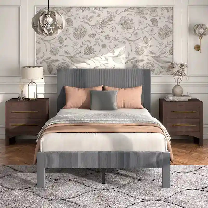 Furniture of America Alyssa Modern Velvet Upholstered Platform Bed with Channel Headboard and Wooden Slats