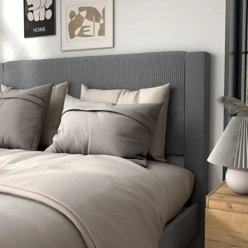 Furniture of America Alyssa Modern Velvet Upholstered Platform Bed with Channel Headboard and Wooden Slats