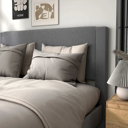 Furniture of America Alyssa Modern Velvet Upholstered Platform Bed with Channel Headboard and Wooden Slats