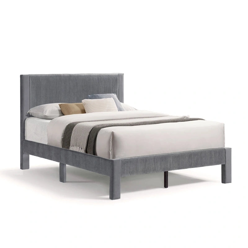 Furniture of America Alyssa Modern Velvet Upholstered Platform Bed with Channel Headboard and Wooden Slats