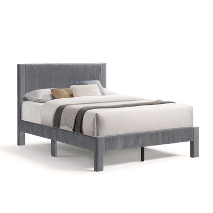 Furniture of America Alyssa Modern Velvet Upholstered Platform Bed with Channel Headboard and Wooden Slats