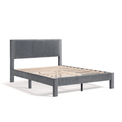 Furniture of America Alyssa Modern Velvet Upholstered Platform Bed with Channel Headboard and Wooden Slats