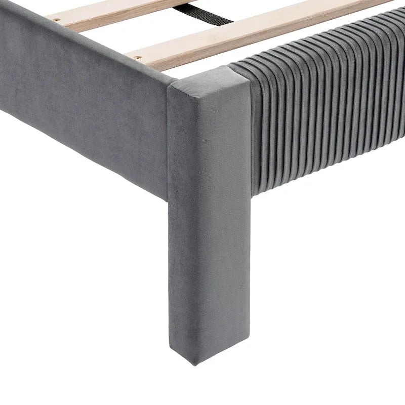 Furniture of America Alyssa Modern Velvet Upholstered Platform Bed with Channel Headboard and Wooden Slats