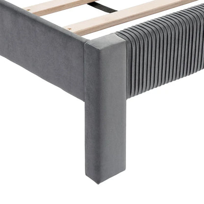 Furniture of America Alyssa Modern Velvet Upholstered Platform Bed with Channel Headboard and Wooden Slats