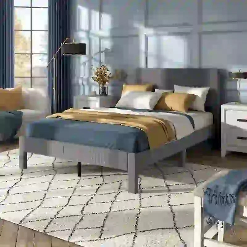 Furniture of America Alyssa Modern Velvet Upholstered Platform Bed with Channel Headboard and Wooden Slats