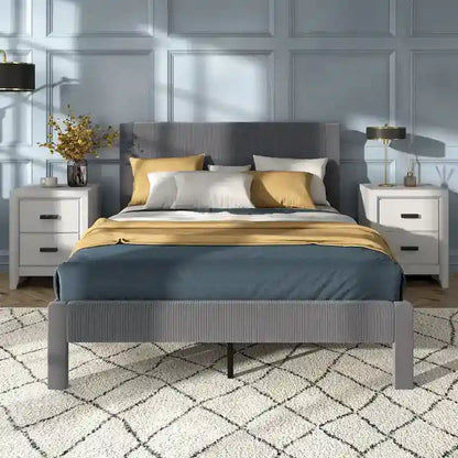 Furniture of America Alyssa Modern Velvet Upholstered Platform Bed with Channel Headboard and Wooden Slats