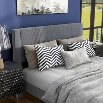 Furniture of America Alyssa Modern Velvet Upholstered Platform Bed with Channel Headboard and Wooden Slats