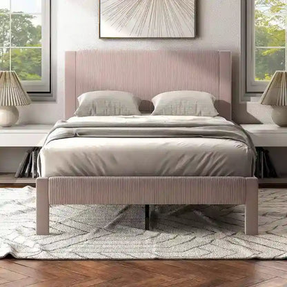 Furniture of America Alyssa Modern Velvet Upholstered Platform Bed with Channel Headboard and Wooden Slats