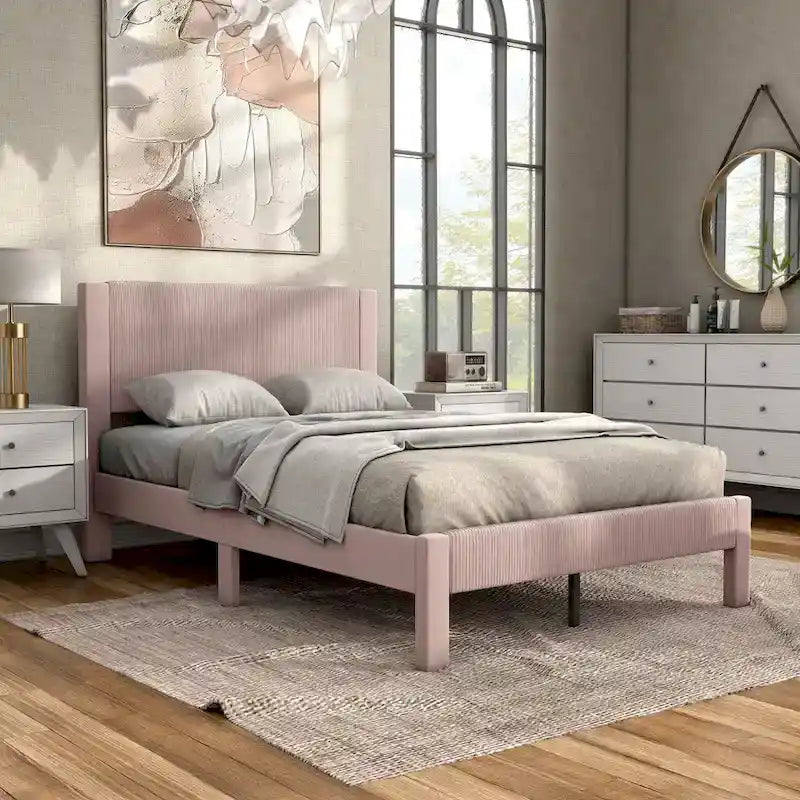 Furniture of America Alyssa Modern Velvet Upholstered Platform Bed with Channel Headboard and Wooden Slats