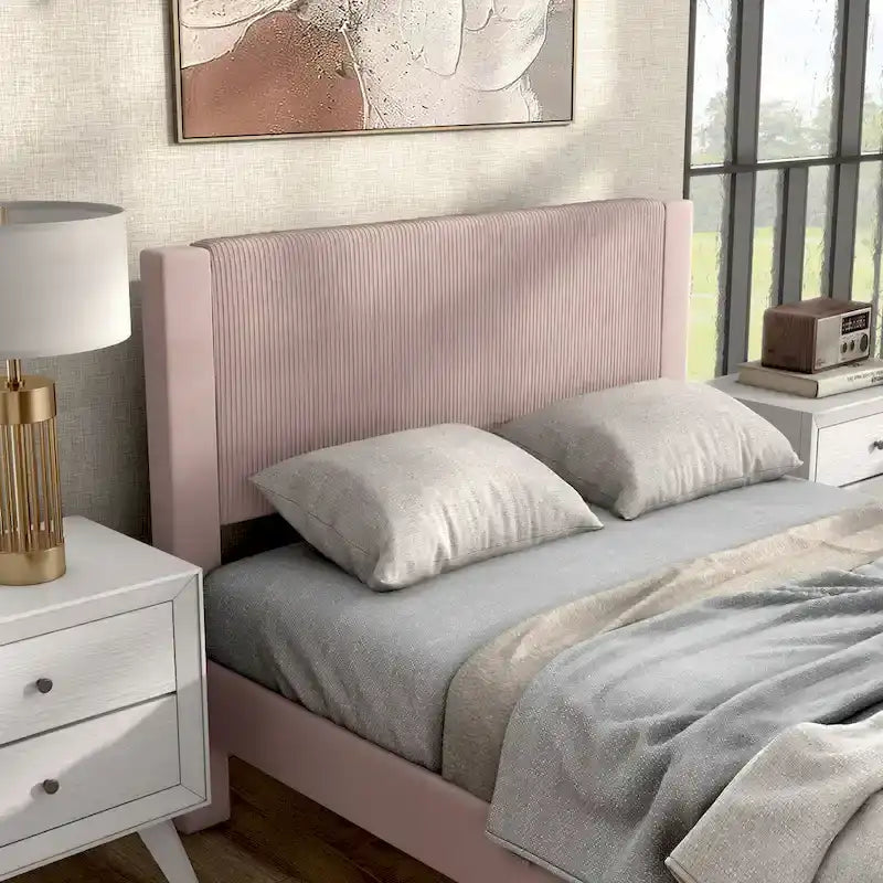 Furniture of America Alyssa Modern Velvet Upholstered Platform Bed with Channel Headboard and Wooden Slats