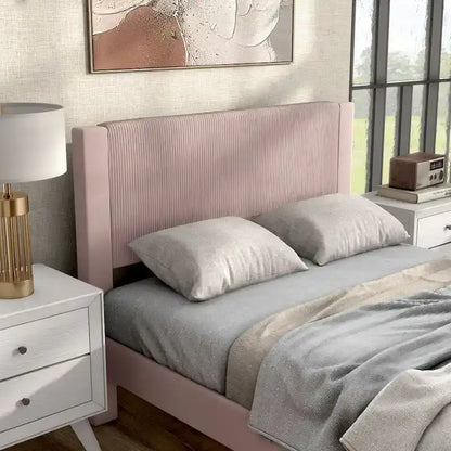 Furniture of America Alyssa Modern Velvet Upholstered Platform Bed with Channel Headboard and Wooden Slats