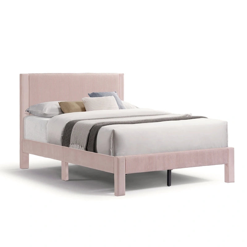Furniture of America Alyssa Modern Velvet Upholstered Platform Bed with Channel Headboard and Wooden Slats
