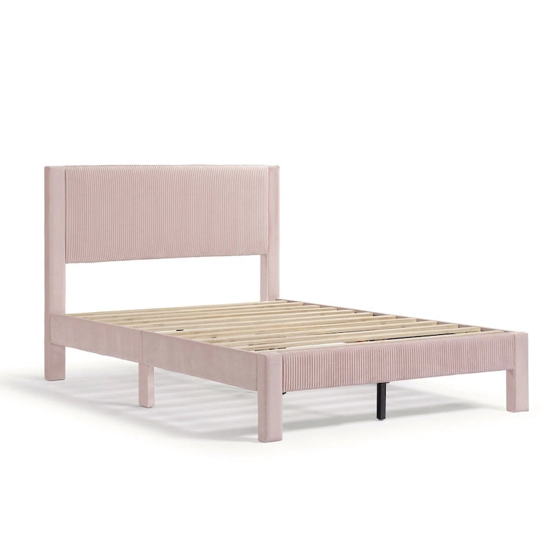 Furniture of America Alyssa Modern Velvet Upholstered Platform Bed with Channel Headboard and Wooden Slats