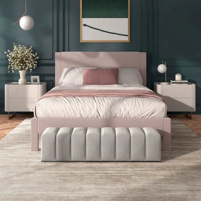 Furniture of America Alyssa Modern Velvet Upholstered Platform Bed with Channel Headboard and Wooden Slats