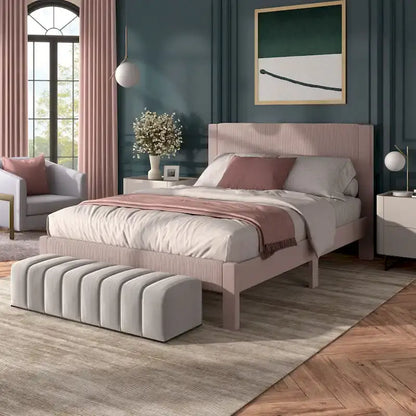 Furniture of America Alyssa Modern Velvet Upholstered Platform Bed with Channel Headboard and Wooden Slats