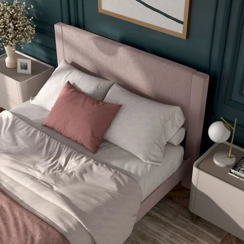 Furniture of America Alyssa Modern Velvet Upholstered Platform Bed with Channel Headboard and Wooden Slats