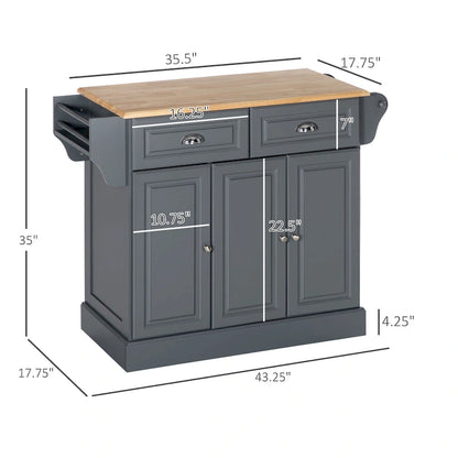Kitchen Island with Storage, Rolling Kitchen Serving Cart with Rubber Wood Top, Storage Drawer and Cabinet
