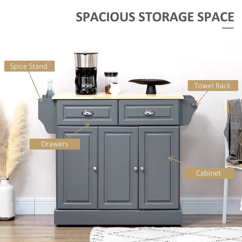 Kitchen Island with Storage, Rolling Kitchen Serving Cart with Rubber Wood Top, Storage Drawer and Cabinet