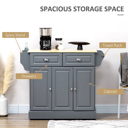 Kitchen Island with Storage, Rolling Kitchen Serving Cart with Rubber Wood Top, Storage Drawer and Cabinet